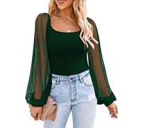 Damen Oberteile durchsichtig Lange Ärmel Blusen T-Shirt durchsichtig Slim Fit T-Shirt Tunika Patchwork Mesh einfarbige Oberteile lässige langärmlige Oberteile Laternen Langarm Top mit Einsätzen S-XXL