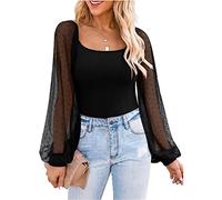 Damen Oberteile durchsichtig Lange Ärmel Blusen T-Shirt durchsichtig Slim Fit T-Shirt Tunika Patchwork Mesh einfarbige Oberteile lässige langärmlige Oberteile Laternen Langarm Top mit Einsätzen S-XXL