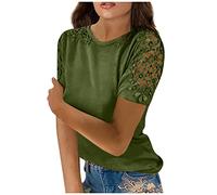 Damen Oberteile Elegant Oversize Bluse Damen Ausgefallene Tshirts Damen Frauen Elegant Einfarbig Rundhals Spitze Kurze ÄRmel T Shirt Mit Hohle Locker Oberteile Tankinis FüR Damen (1-Army Green, S)