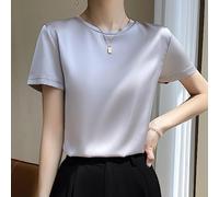 BROLEO Damen Oberteile Elegante Seidenoberteile Rundhalsausschnitt Kurzarm Satin Silbergra