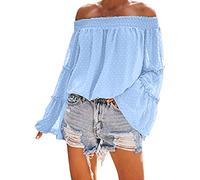 Damen Oberteile Kolylong Frauen Elegant Trägerlos Lange Ärmel Blusen Festlich Schulterfrei Oberteile Vintage Einfarbig Sweatshirt mit Trompetenärmeln Off Shoulder Langarmshirt Tunika Tops