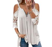 Damen-Oberteile mit Langen/kurzen Ärmeln, schulterfreie Bluse, Spitzen-T-Shirt, Damen-Tunika mit kurzen Ärmeln, Reißverschluss, V-Ausschnitt, lose, schulterfreie Bluse, lose, Oberteile Basic-T-Shirts