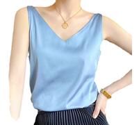 Damen-Oberteile mit lockerem, tiefem V-Ausschnitt, schlichte Oberteile aus Seide, Sling-Weste aus Satin, Oberbekleidung, Anzug, innere Basisschicht, hellblaue Tanktops mit Doppelträgern, rückenfreie Oberteile, Sommeroberteile, ärmelloses Freizeit-Tanktop, einfarbig, XL