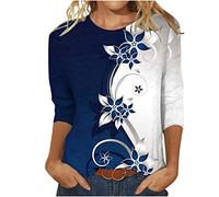 Damen Oberteile Mode 3/4 Ärmel Tshirt Rundhals Bluse Blumendruck Shirt Sommer Tunika Tops Leichte Party Pullover Teenager Mädchen Bequeme T-Shirt Boho T Shirts Blusentops Sportshirt 3XL für Outdoor