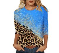 Damen Oberteile Mode Leopard Patchwork Tshirt 3/4 Ärmel Bluse Tunika 2023 Shirt Sommer Pullover mit O-Ausschnitt Tee Tops Longbluse Blusen & Tuniken für Damen Locker T-Shirt Longshirt für Frauen