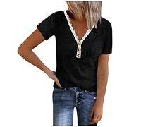 Damen Oberteile Sommer Shirt Mit Gummizug Am Saum Damen Sweatshirt Jacke Damen Mit Kapuze Sommer Einfarbige V-Ausschnitt Kurzarm Spitze Gerippten StrickknöPfen Oberteile Tshirt Damen Baumwolle