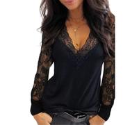 Damen Oberteile Spitze langärmelig V-Ausschnitt Spitzenbesatz Tunika Blusen Elegante Spitze Netzstoff halbdurchsichtige Bluse lässig V-Ausschnitt lockeres einfarbig Hemd Spitze T-Shirts S-5XL