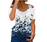 Damen Oberteile Spitze Splicing Bluse Eelgant Einfarbige Schulterfrei T-Shirt Sommer Tshirt Damen Kurzarm Tops mit V-Ausschnitt Tunika Blouse Shirt Blusenshirt Blusentops Pullover Sommershirts