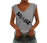 Damen Oberteile Tank Tops Trendige Sommer Elegante Libelle Druck Tshirt V-Ausschnitt Ärmellos Sommershirt All-Match Bluse Shirt Bequem Shirtbluse Sportshirt Teenager Mädchen T-Shirts Strandtunika