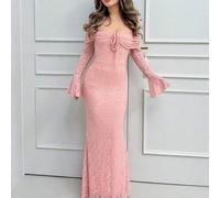 Damen Off-Shoulder Langarm Bodycon Kleid mit Vorder-Schleife, Neujahrskleid für Damen, Silvester Party Kleid, Valentinstag, Pastellfarbene Kleider für