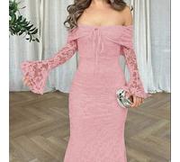 Damen Off-Shoulder Langarm Bodycon Kleid mit Vorder-Schleife, Neujahrskleid für Damen, Silvester Party Kleid, Valentinstag, Pastellfarbene Kleider für