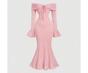 Damen Off-Shoulder Langarm Bodycon Kleid mit Vorder-Schleife, Neujahrskleid für Damen, Silvester Party Kleid, Valentinstag, Pastellfarbene Kleider für