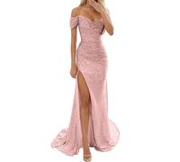 Damen Off Shoulder Pailletten Brautjungfernkleider Lang Split Elegant Formal Kleid Abendkleider A Linie Hochzeit Party Kleid Lang Abschlusskleid Cocktailkleid Lange Sexy Cocktailkleid (S)
