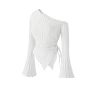 Damen Off-Shoulder Shirt mit Glockenärmeln, Elegantes Unifarbenes Oberteil mit Asymmetrischem Saum, Dehnbares Langarm Top für Urlaub Party Alltag für freizeit,(L White)
