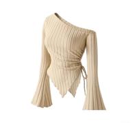 Damen Off-Shoulder Shirt mit Glockenärmeln, Elegantes Unifarbenes Oberteil mit Asymmetrischem Saum, Dehnbares Langarm Top für Urlaub Party Alltag für freizeit,(L Apricot)