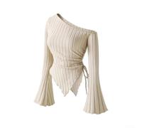 Damen Off-Shoulder Shirt mit Glockenärmeln, Elegantes Unifarbenes Oberteil mit Asymmetrischem Saum, Dehnbares Langarm Top für Urlaub Party Alltag für freizeit,(M Beige)