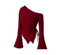 Damen Off-Shoulder Shirt mit Glockenärmeln, Elegantes Unifarbenes Oberteil mit Asymmetrischem Saum, Dehnbares Langarm Top für Urlaub Party Alltag für freizeit,(XXL Red)