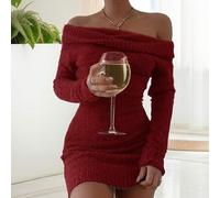 Damen Off-Shoulder Slim Fit Langarm Einfarbiges Flauschiges Strickkleid für Herbst/Winter Feiertagsparty, Damen Winterkleid, Herbst Strickkleid für Da