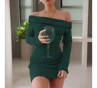Damen Off-Shoulder Slim Fit Langarm Einfarbiges Flauschiges Strickkleid für Herbst/Winter Feiertagsparty, Damen Winterkleid, Herbst Strickkleid für Da