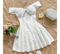 Damen Off-Shoulder Twist Taille A-Linie Strukturiertes Stoff Mini Kleid, romantisch für Urlaub, Date, Nachmittagstee, Party, urbaner Stil, Boho, Urlau