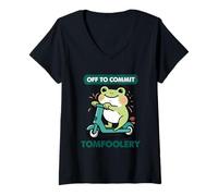 Damen Off to Commit Tomfoolery Cute Frog Scooter Meme T-Shirt mit V-Ausschnitt