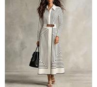 Damen Off-White Midi Hemdkleid, Kragen Langarm, passender Ledergürtel, F Lehrertag Büroarbeit Herbst reif elegant
