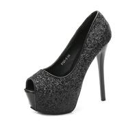 Damen Offen Toe Pumps Glitzer High Heels Sexy Thick Plateau Pumps 10/12/14cm Party Hochzeit Kleid Schuhe (schwarz 12cm,37)