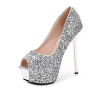 Damen Offen Toe Pumps Glitzer High Heels Sexy Thick Plateau Pumps 10/12/14cm Party Hochzeit Kleid Schuhe (silbrig 14cm,37)