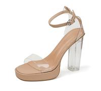 Damen Offen Toe Pumps Heels Schnall Blockabsatz Sandalen Thick Plateau Pumps 12cm Lässig Büroschuhe Dress Schuhe (Nackte Farbe 12cm,38)