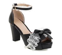 Damen Offen Toe Spitze Pumps Heels Süße Bogen Lolita Prinzessin Schuhe Schnall Blockabsatz Sandalen 8.5cm Cute Schuh (schwarz,42)