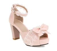 Damen Offen Toe Spitze Pumps Heels Süße Bogen Lolita Prinzessin Schuhe Schnall Blockabsatz Sandalen 8.5cm Cute Schuh (Rosa,45)