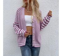 Damen offener Strick-Pullover mit Streifen, V-Ausschnitt, Longsleeve, Lila, Größe M