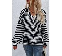 Damen offener Strickpullover mit Streifen, V-Ausschnitt, schwarz, Größe XL, Longsleeve