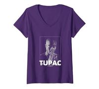 Damen Offiziell 2Pac Praying Rap Legend Tupac T-Shirt mit V-Ausschnitt, Violett, XXL