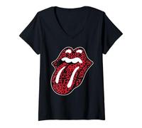 Damen Offizielle Rolling Stones Leopardenzunge T-Shirt mit V-Ausschnitt