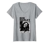 Damen Offizielles Bob Marley One Love Foto T-Shirt mit V-Ausschnitt, Grau Meliert, M