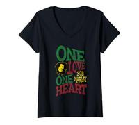 Damen Offizielles Bob Marley One Love One Herz T-Shirt mit V-Ausschnitt