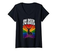 Damen OH Deer I'm Queer Bunter Hirsch mit Regenbogen-Vibes T-Shirt mit V-Ausschnitt