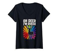Damen OH Deer I'm Queer Bunter Hirsch mit Regenbogenstrahlen T-Shirt mit V-Ausschnitt