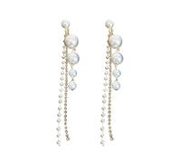 Damen-Ohrhänger Edelstahl Lange Perle Quaste Strass Ohrringe Dünne Baumeln Gold Elegante Perle Strass Ohrringe Hochzeit Frauen Zubehör Schmuck Quaste Ohrringe Ohrringe Hänger Set (Gold-F, One Size)