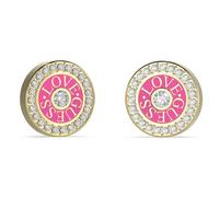 Damen-Ohrringe von Guess aus der Kollektion Love Guess. Schmuck aus Stahl, vergoldet in Gelbgold und Fuchsia. Die Referenz lautet: JUBE04081JWYGFCT/U
