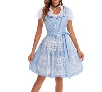 Damen Oktoberfest Dirndl Outfit Midi Dirndlkleid inkl. Kurze Ärmel Dirndlbluse Spitzenschürze Trachtenkleid V Ausschnitt Germandress Bavarian Trachten Kleid Trachtenmode Magd Kostüm Große Größen
