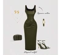 Damen Olivgrünes figurbetontes Midi-Kleid aus PU-Leder mit Falten, ärmelos