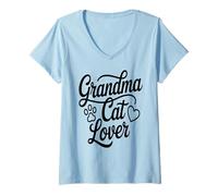 Damen Oma Cat Lover Cute Kitty Paw Heart Meow T-Shirt mit V-Ausschnitt