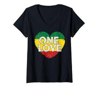 Damen ONE Love Reggae-Kunstdruck in Rasta-Farben im Vintage-Stil mit Herzmuster T-Shirt mit V-Ausschnitt