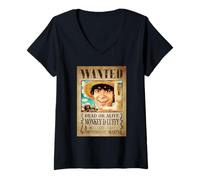 Damen One Piece Luffy Pirate Wanted Poster T-Shirt mit V-Ausschnitt
