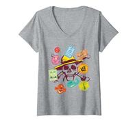 Damen One Piece Skull Travel Stickers T-Shirt mit V-Ausschnitt