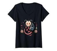Damen Opossum Tattoo Art Possum Lover Traditional Ink T-Shirt mit V-Ausschnitt