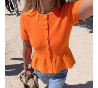 Damen Orange Strick Kurzarm Cardigan, Rundhalsausschnitt, Rüschensaum, normale Länge, mittlere Dehnbarkeit, leicht atmungsaktiv, geeignet für Frühling