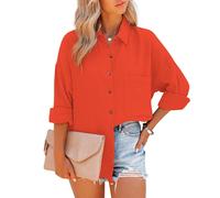 Damen-Orangenes Oversized Baumwollbluse mit Langarm, Kentkragen, Größe M